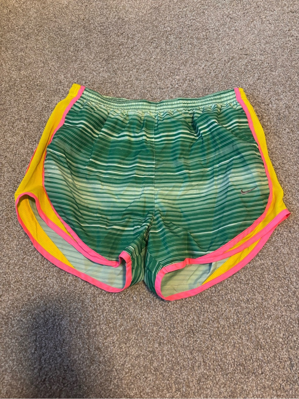 Nike Green Striped Running Shorts Pink Yellow Trim - Picture 1 of 4